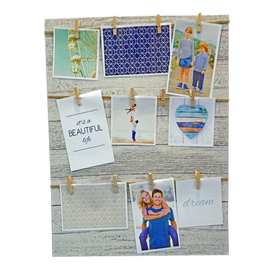 Canvas para colgar con sogas y pinzas para fotos.