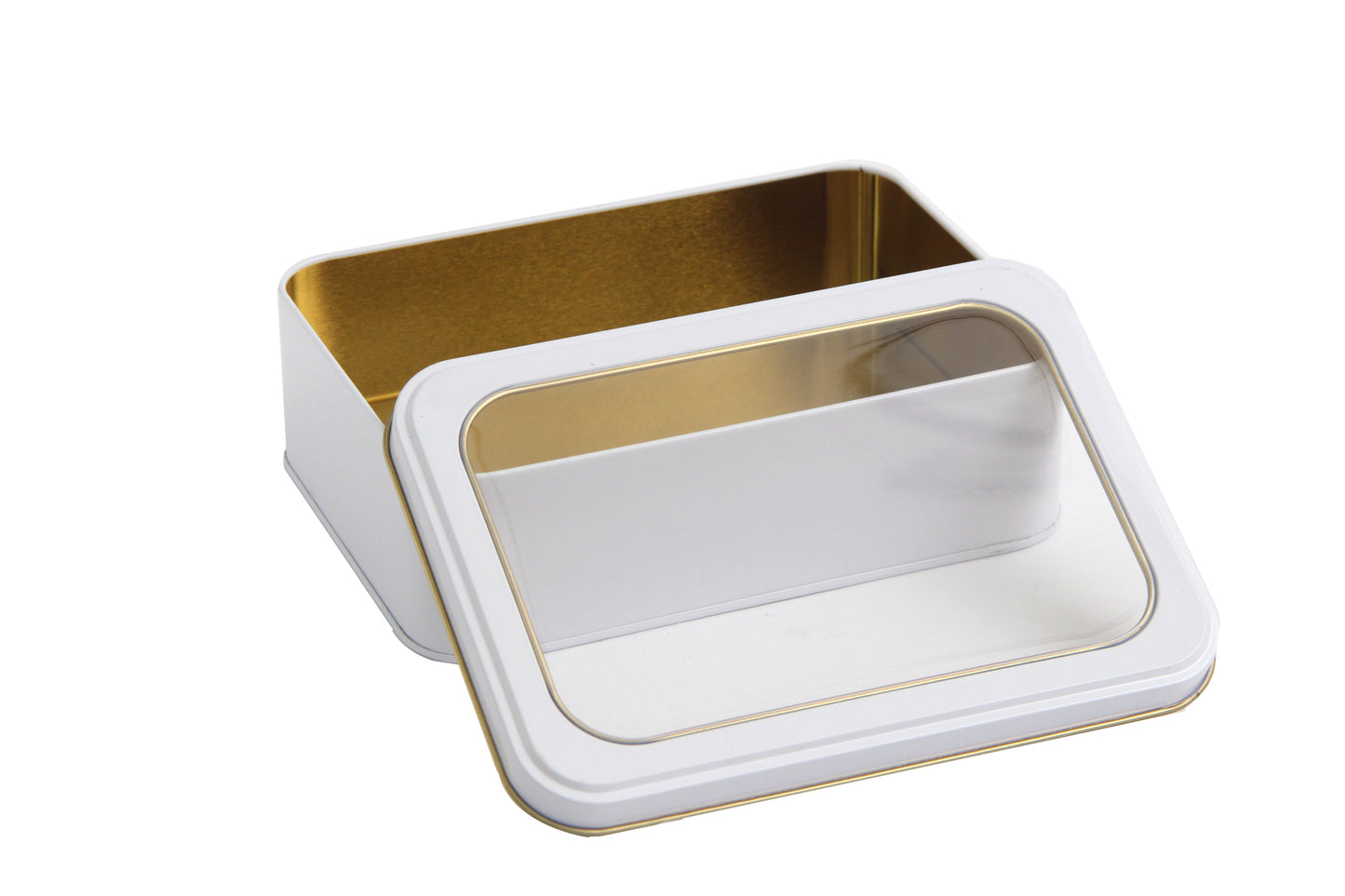 Lata decorativa rectangular con tapa transparente 18x13x6 cm