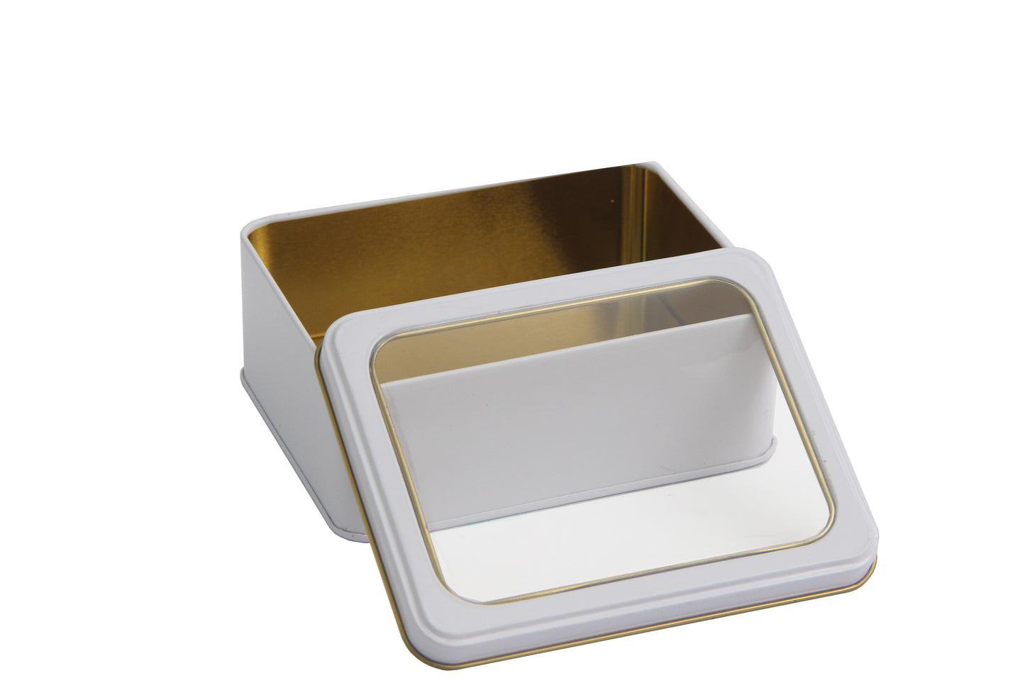 Lata decorativa rectangular con tapa transparente 13x11x5 cm