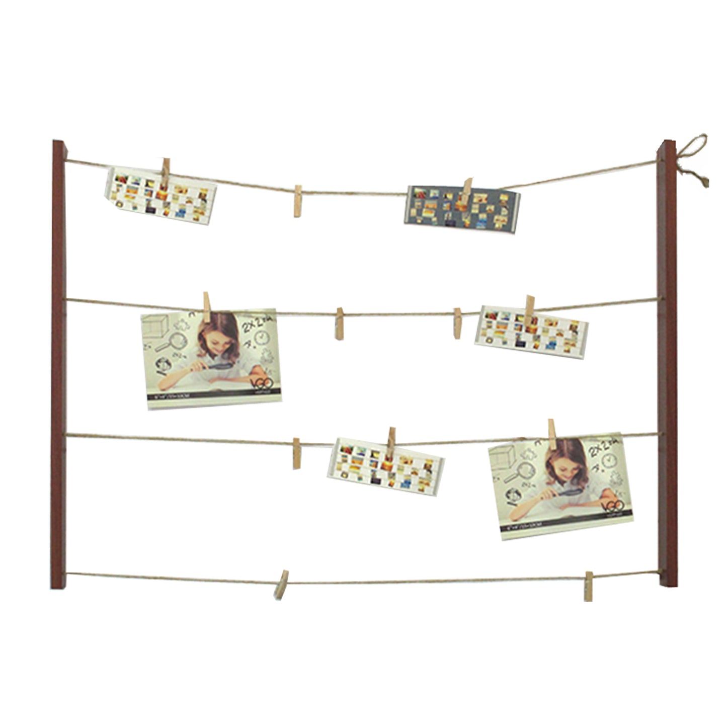 Adorno con madera y soga con pinzas para fotos