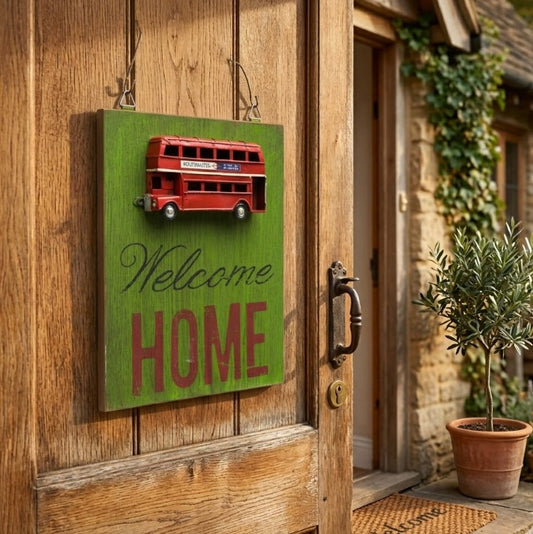 Adorno madera y metal welcome 23x18 cm.