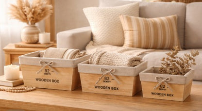 Set de 3 canastos en madera forrados en tela