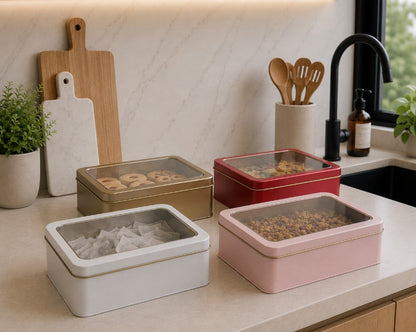 Lata decorativa rectangular con tapa transparente 18x13x6 cm