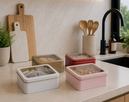 Lata decorativa rectangular con tapa transparente 13x11x5 cm
