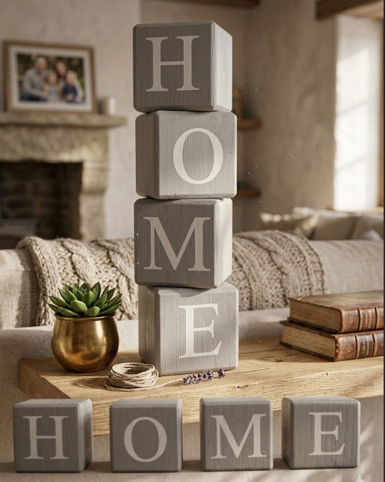 Set de 4 cubos madera con letras c/u 5x5 cm.