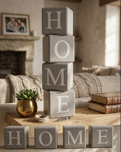 Set de 4 cubos madera con letras c/u 5x5 cm.