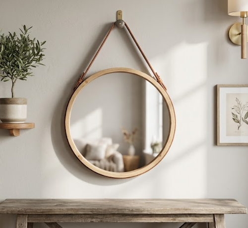 Espejo madera con correa 35 cm.