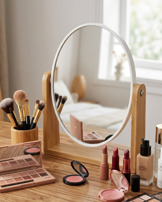 Espejo de mesa circular en madera de bamboo